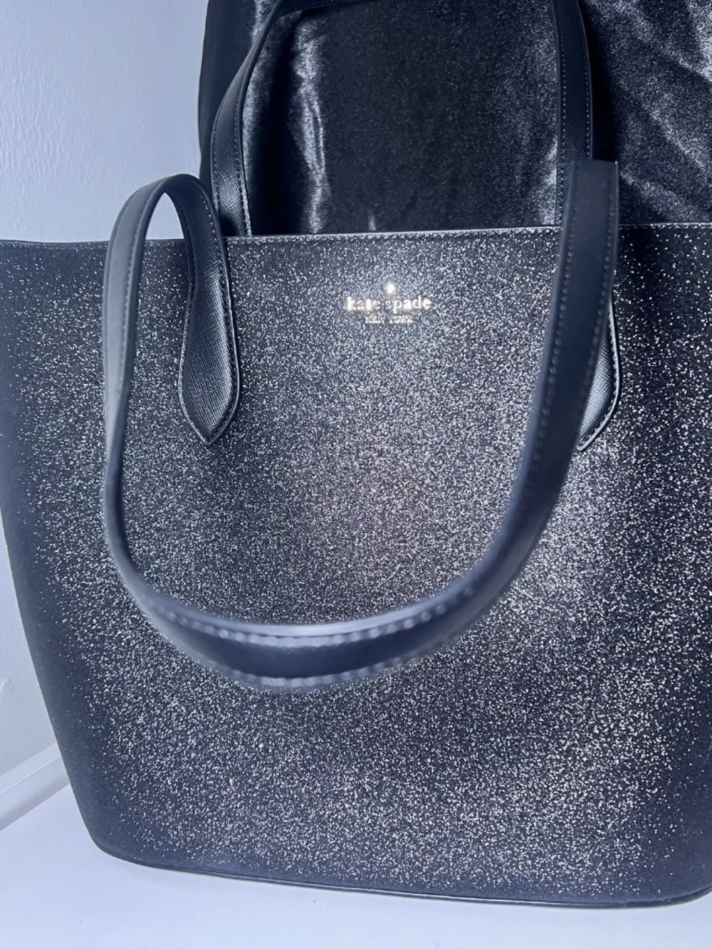 Kate Spade Holiday Edition Glimmer Large Black Glitter Tote Bag NWOT